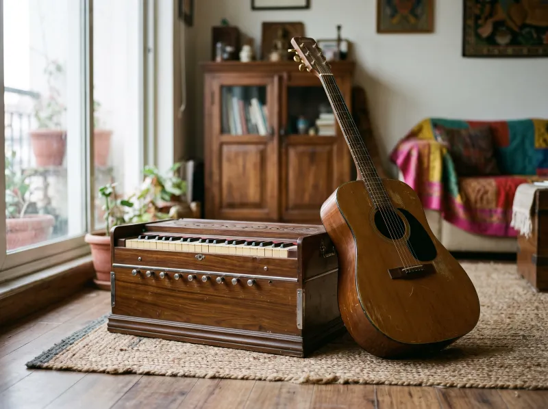 A harmonium and an acoustic guitar on a rug